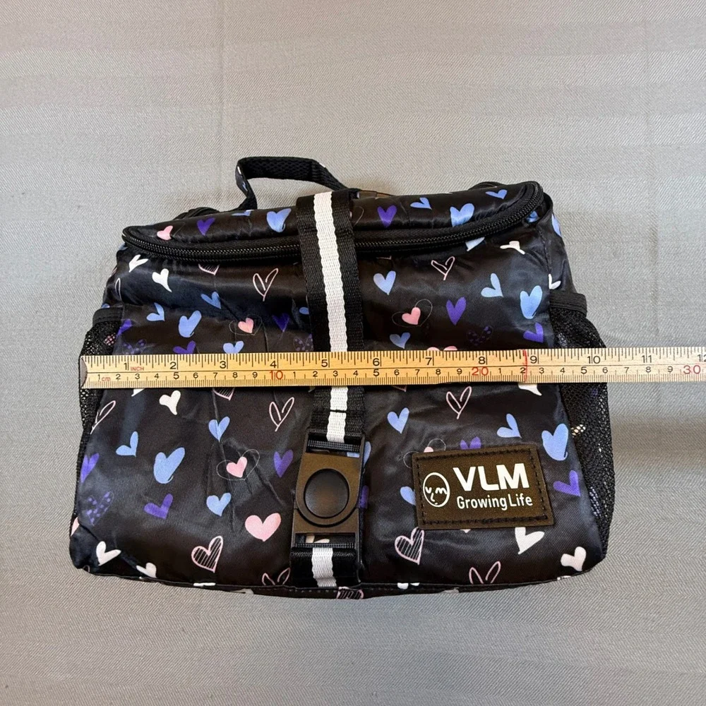 VLM Growing Life Insulated Lunch Bag Black Heart Print Buckle Closure Small